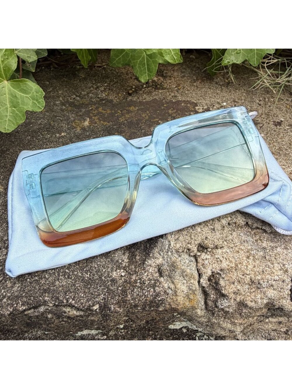 Oversized Square Gradient Sunglasses Blue Amber Ombre Retro Festival Sunnies - Picture 4 of 16